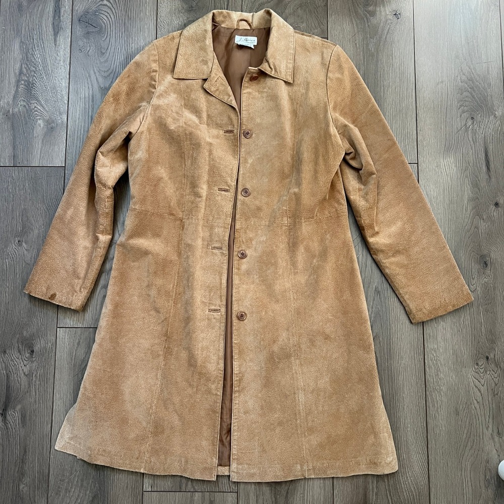 J. Marco Womens Large Tan Suede Leather Trench Coat Button Front Jacket